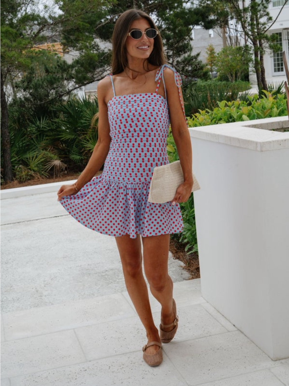 Blue Mini Dress with Red Polka Dots — Tie-Shoulder Smocked Sundress